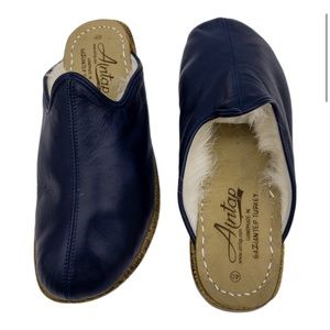 Aintap Navy Blue Handmade Turkish Leather Shearling Lined Mules 40